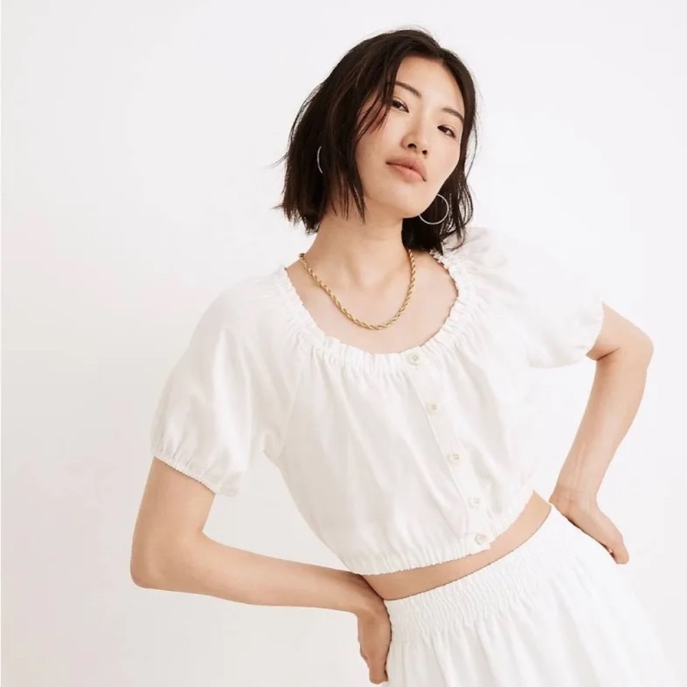 Madewell Linen Blend Puff Sleeve Button Up Croptop